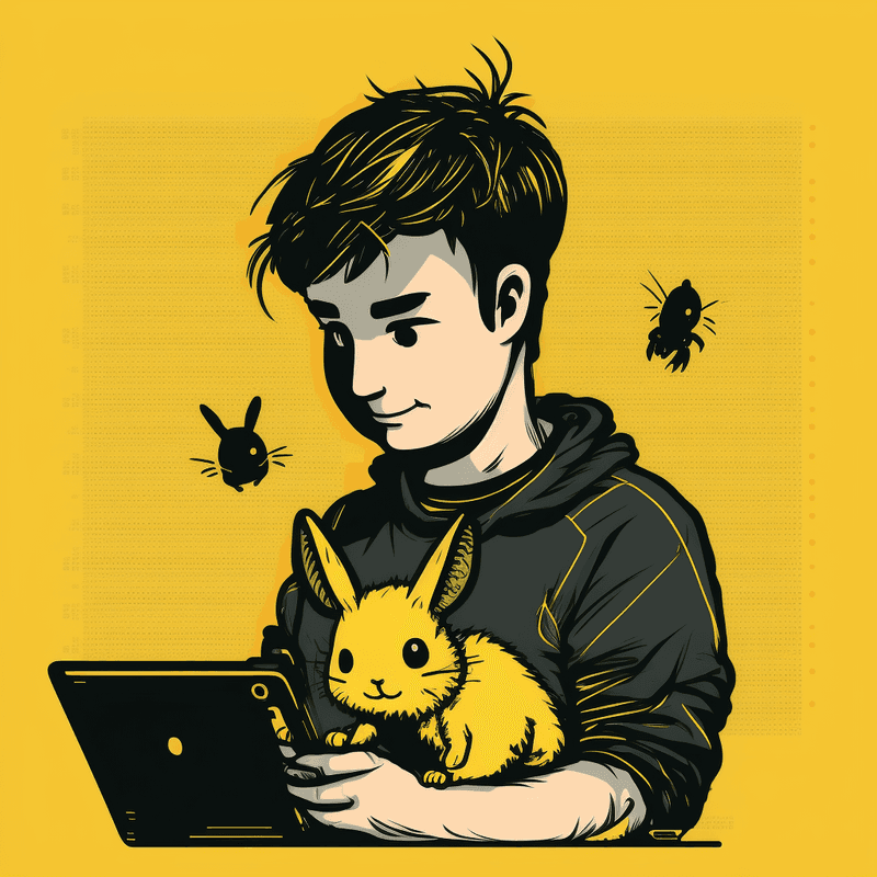 Cartoon Ruben with Rabbit and Laptop